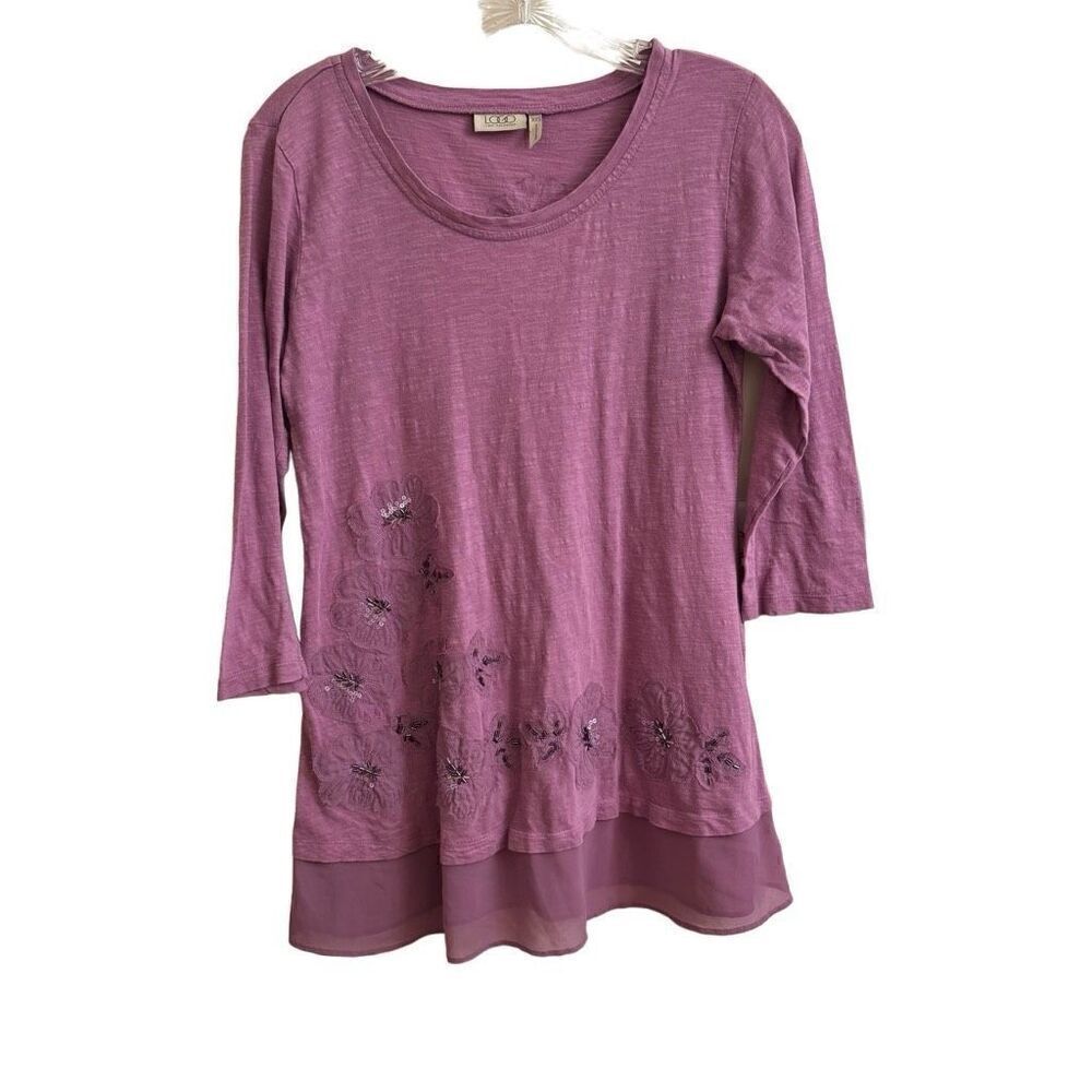 LOGO by Lori Goldstein Purple Floral Appliqué Tunic Top 3/4 Sleeves Size XXS